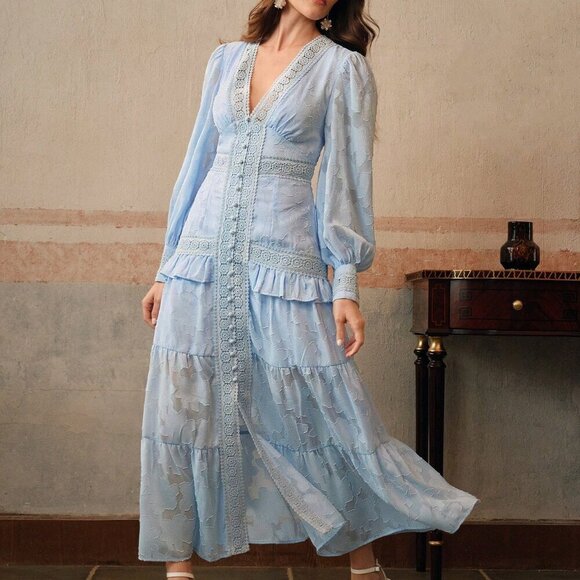 Baby Blue Elegant Women's French Style Ruched V-Neck Puff Sleeve Maxi Dress - Picture 6 of 6